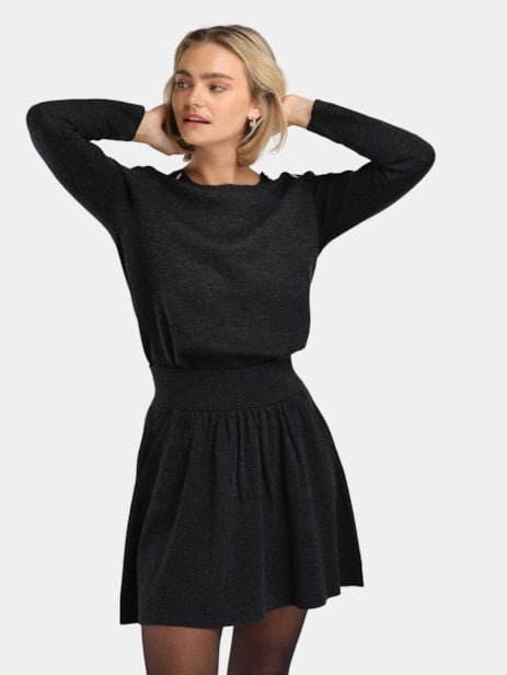 womens wool dresses Gray Midi Dress with Pleated A-Line Swing Silhouette C1- Gray / S 63cm(24 LILYSILK Elegant Slim Fit Wool