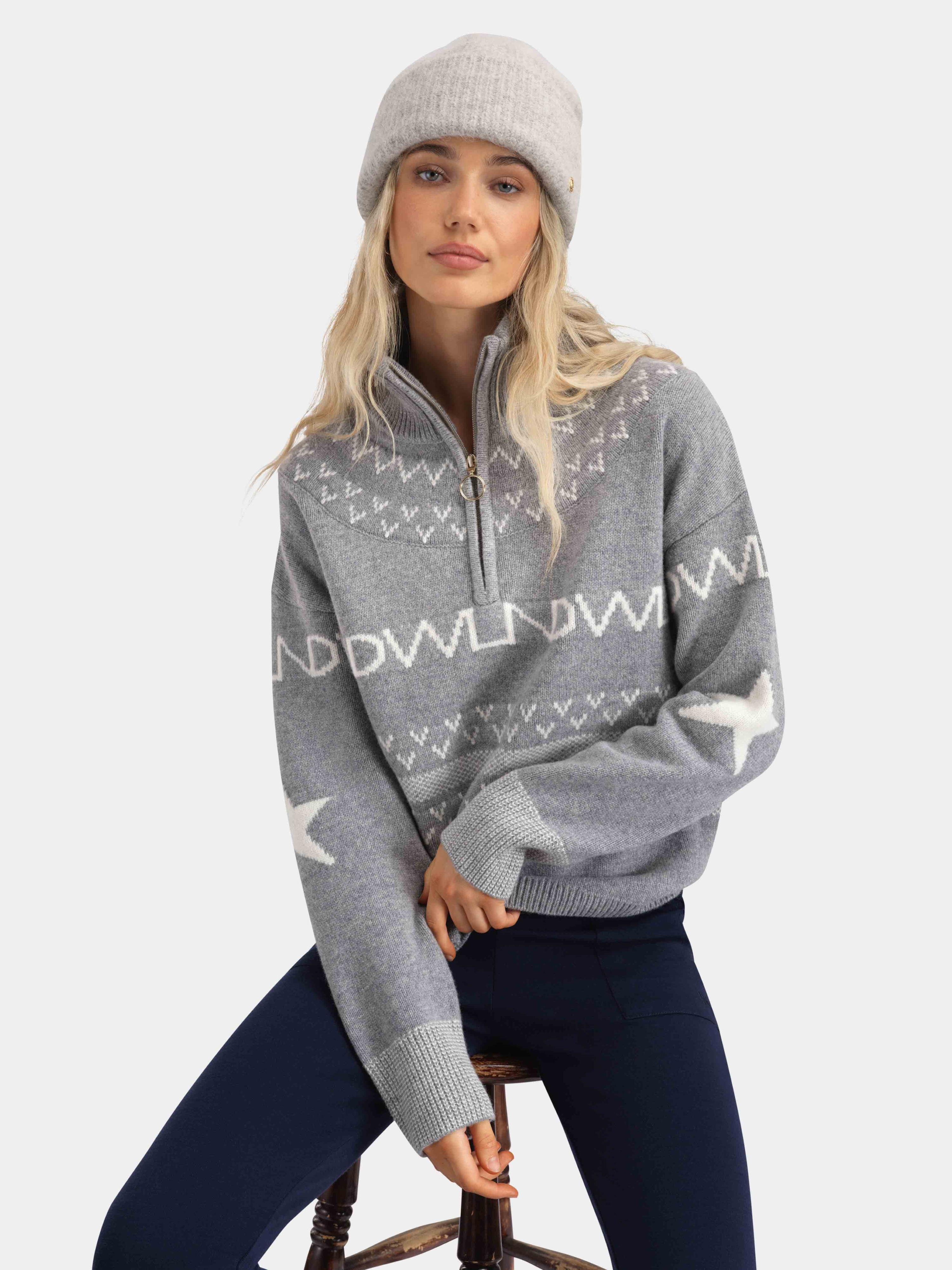 Veslepiggen Jacquard Wool Sweater Light Grey Melange